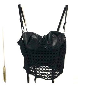 Black leather and net corset